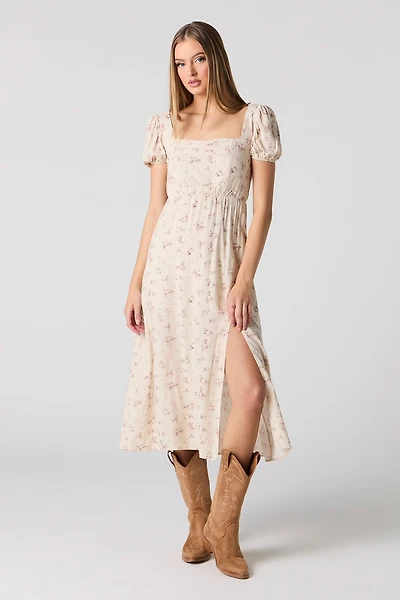 Floral Puff Sleeve A-Line Midi Dress
