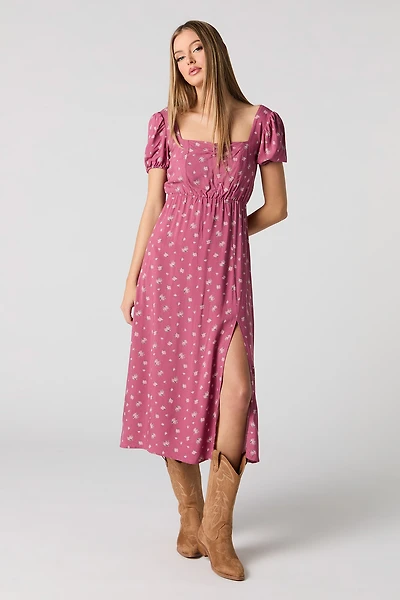 Floral Puff Sleeve A-Line Midi Dress