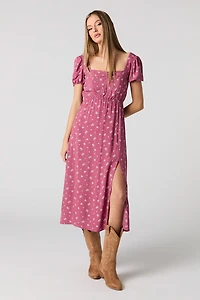 Floral Puff Sleeve A-Line Midi Dress