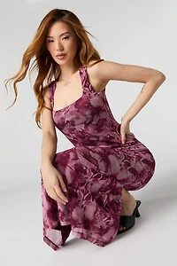 Floral Mesh Square Neck Maxi Dress