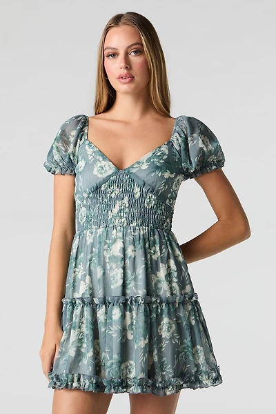 Floral Chiffon V-Neck Tiered Mini Dress