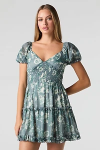 Floral Chiffon V-Neck Tiered Mini Dress