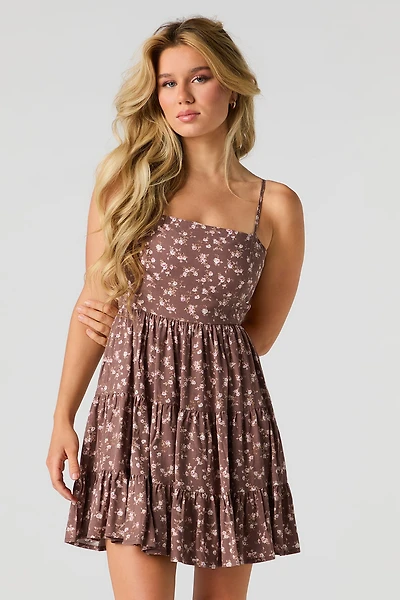 Floral Tie Back Tiered Mini Dress with Built-In Cups
