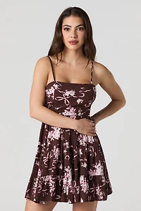 Printed Tiered Tie Back Mini Dress with Built-In Cups