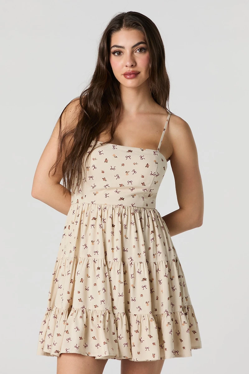 Printed Tiered Tie Back Mini Dress with Built-In Cups