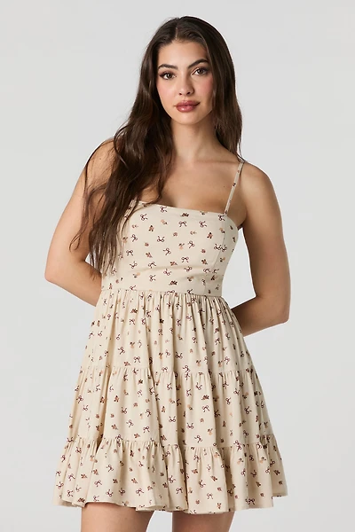 Printed Tiered Tie Back Mini Dress with Built-In Cups