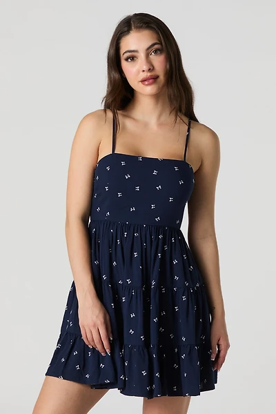 Printed Tiered Tie Back Mini Dress with Built-In Cups