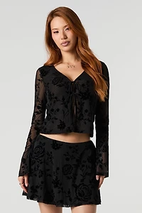 Flocked Mesh Long Sleeve Flyaway Top