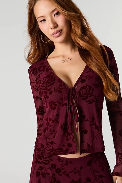 Flocked Mesh Long Sleeve Flyaway Top