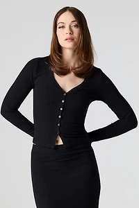 Ribbed Button-Up Long Sleeve Top