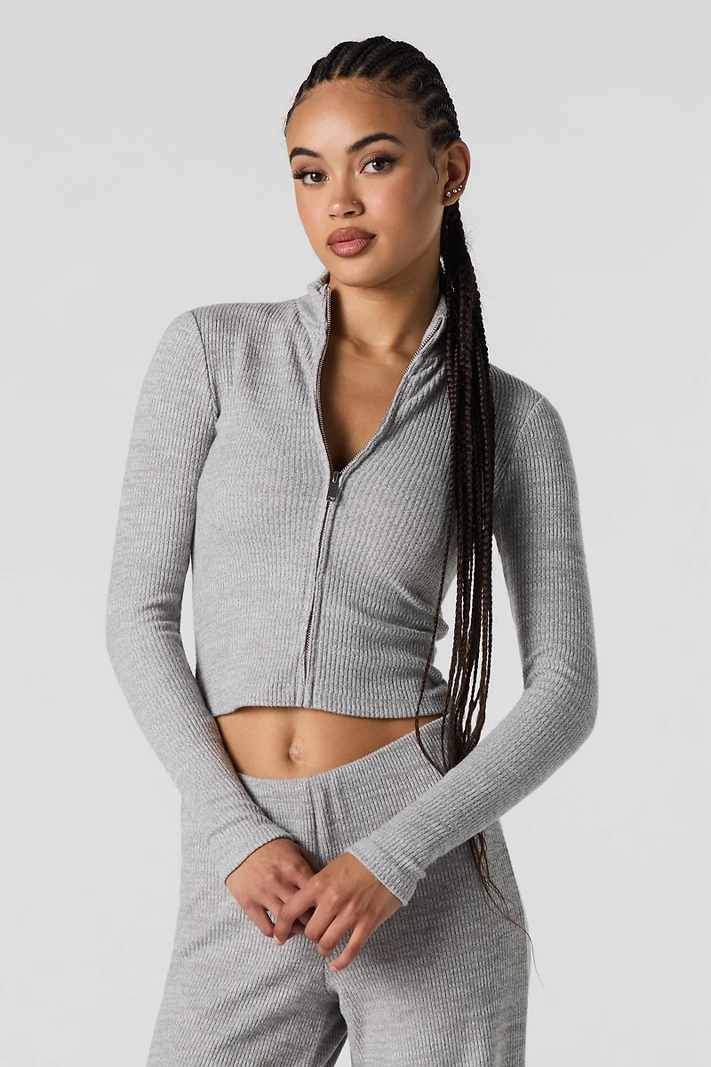 Ribbed Knit Zip-Up Long Sleeve Top