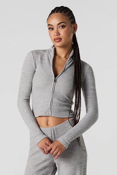 Ribbed Knit Zip-Up Long Sleeve Top