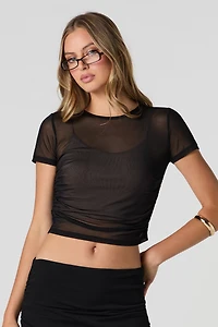 Mesh Ruched Cropped T-Shirt