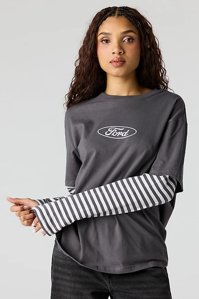 Luxe Heavy Cotton Ford Embroidered Layered Top