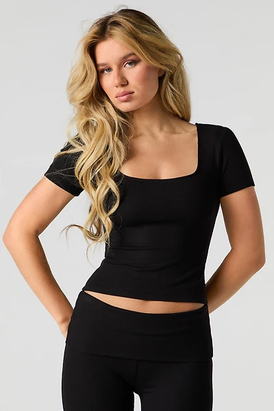 Ribbed Square Neck Cropped T-Shirt