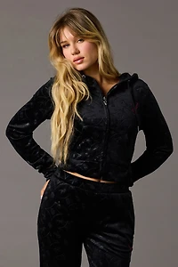 Rhinestone Playboy Embossed Velour Zip-Up Top