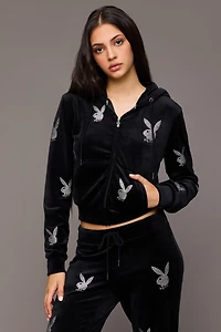 Playboy Rhinestone Velour Zip-Up Hoodie