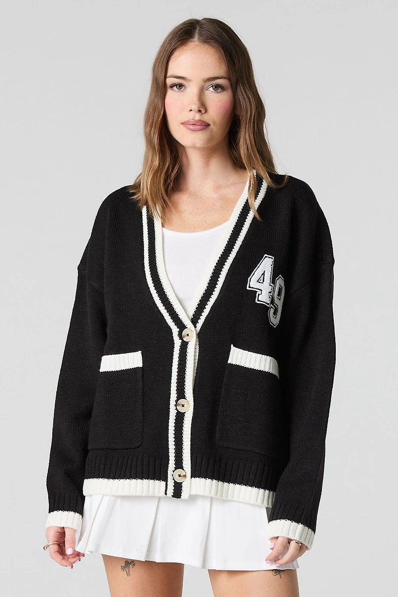 Chenille Embroidered Button-Up Knit Cardigan