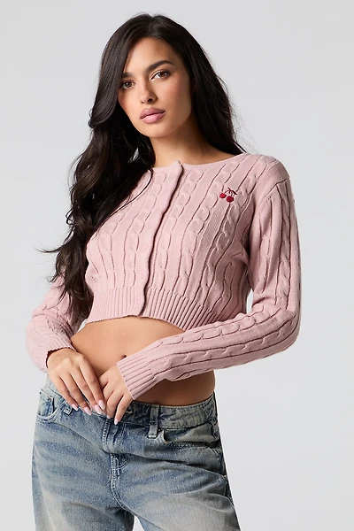 Embroidered Cable Knit Cropped Cardigan