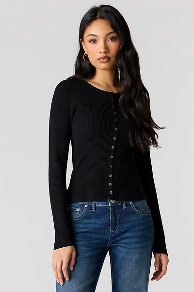 Ribbed Knit Button Front Cardigan