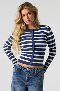 Cardigan boutonné côtelé rayé