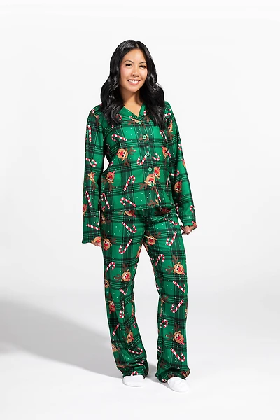 Womens Fammy Jammies Rudolph Flannel Pajama Set