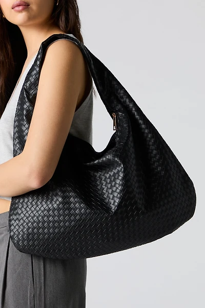 Faux Leather Woven Hobo Bag