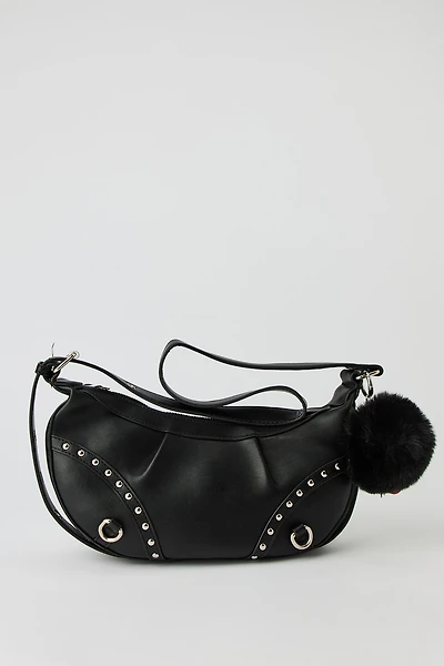 Faux Leather Studded Crossbody Purse with Pom Keychain