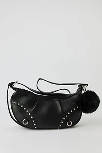 Faux Leather Studded Crossbody Purse with Pom Keychain