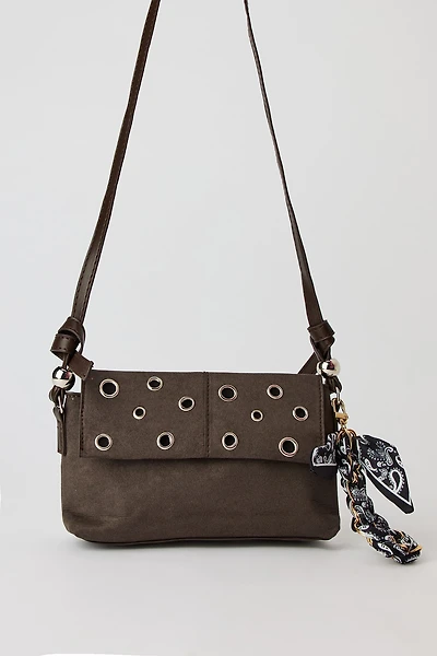 Faux Suede Eyelet Crossbody Purse & Removable Scarf Detail