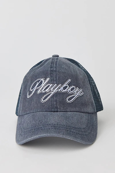 Casquette de camionneur délavée à imprimé Playboy avec pierres du Rhin