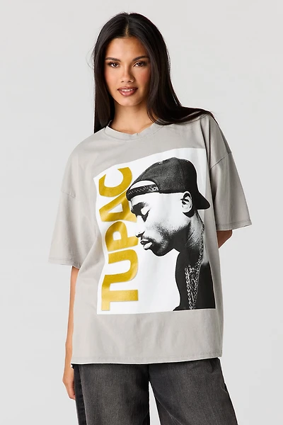 T-shirt de coupe garçonne délavé à imprimé Tupac