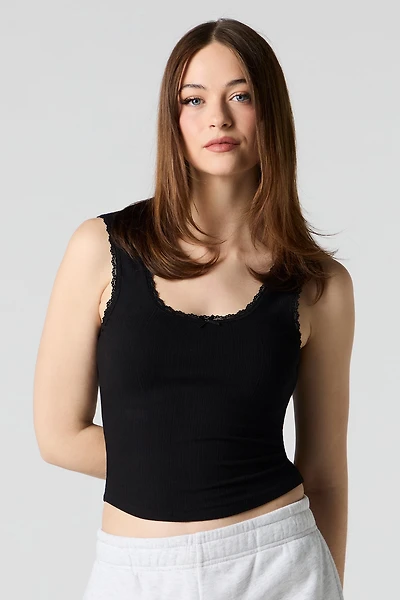 Ribbed Lace Trim Bow Tank