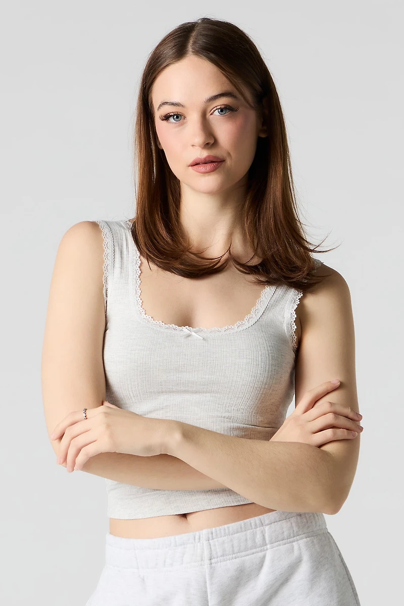 Ribbed Lace Trim Bow Tank