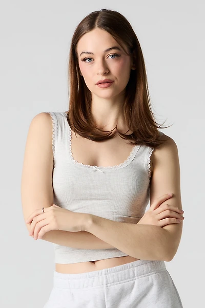 Ribbed Lace Trim Bow Tank