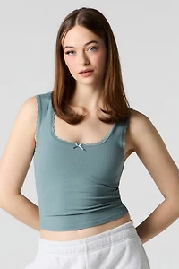 Ribbed Lace Trim Bow Tank