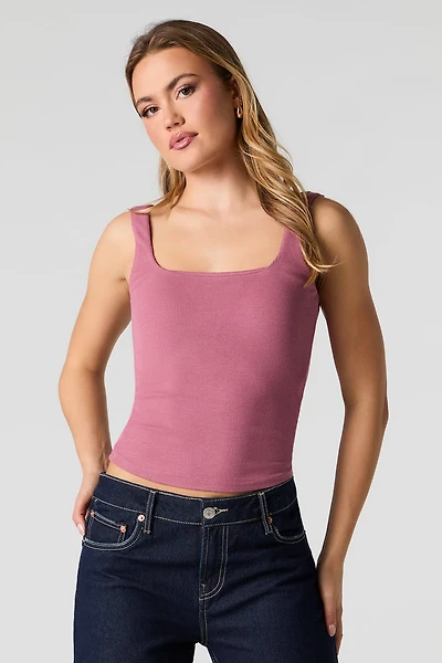 Ribbed Square Neck Tank with Built-In-Cups
