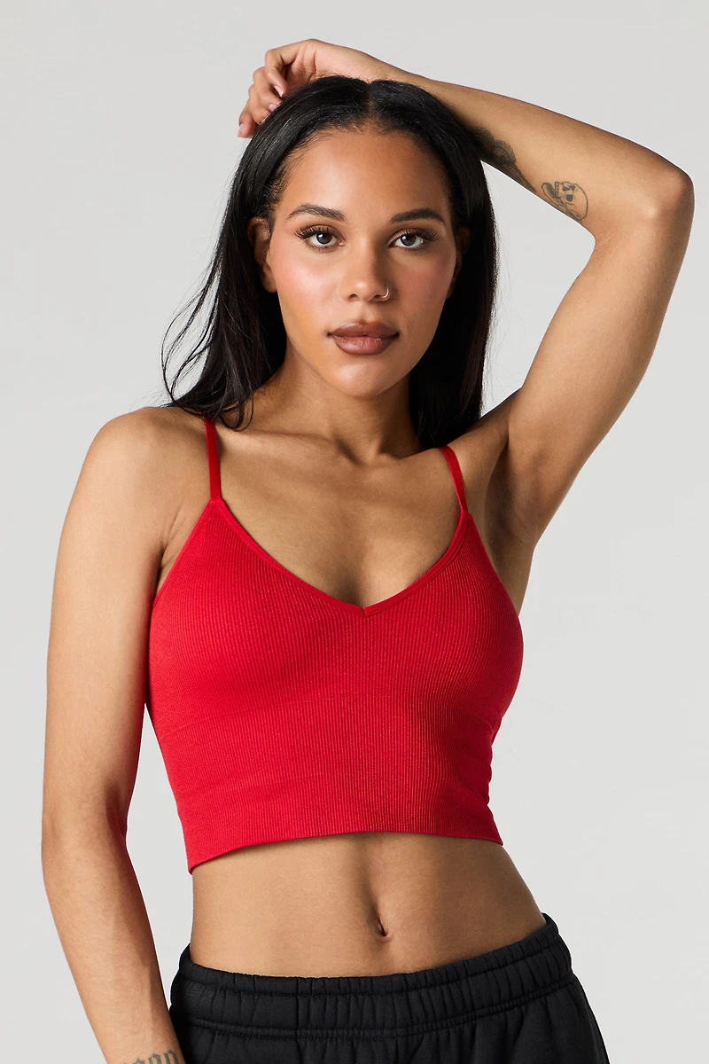 Seamless Ribbed V-Neck Cami with Built-In Cups