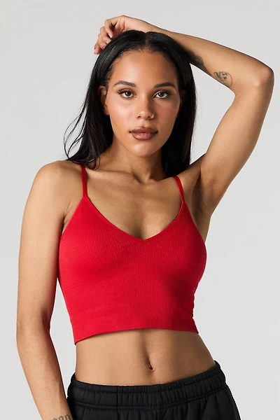 Seamless Ribbed V-Neck Cami with Built-In Cups