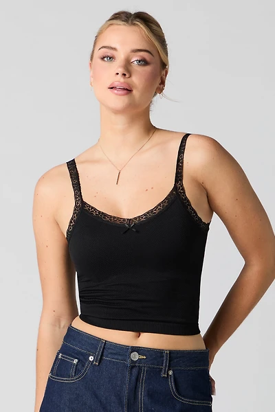 Seamless Ribbed Lace Trim Tank with Built-In Cups