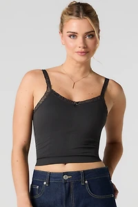 Seamless Ribbed Lace Trim Tank with Built-In Cups