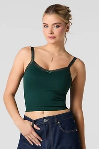 Seamless Ribbed Lace Trim Tank with Built-In Cups