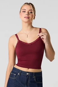 Seamless Ribbed Lace Trim Tank with Built-In Cups