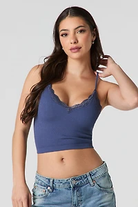 Seamless Ribbed Lace Trim Cropped Cami