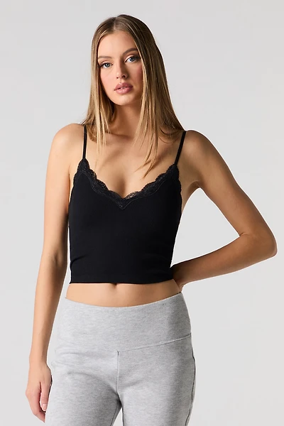 Seamless Ribbed Lace Trim Cami with Built-In Cups