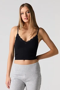 Seamless Ribbed Lace Trim Cami with Built-In Cups