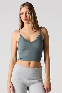 Seamless Ribbed Lace Trim Cami with Built-In Cups