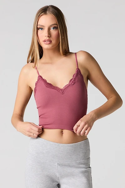 Seamless Ribbed Lace Trim Cami with Built-In Cups