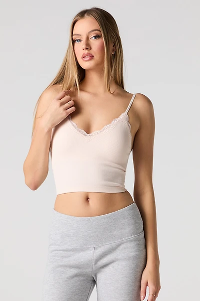 Seamless Ribbed Lace Trim Cami with Built-In Cups