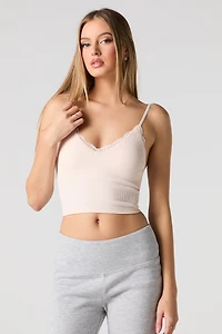 Seamless Ribbed Lace Trim Cami with Built-In Cups